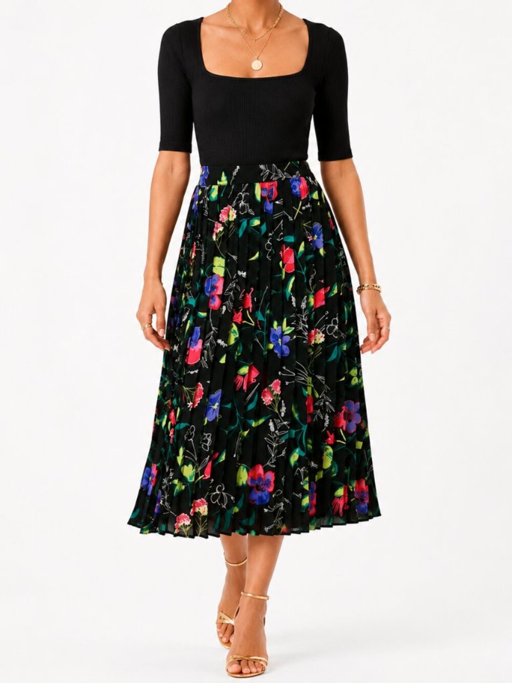 Vibrant Floral Pull On Midi Flowy Corpcore Black Pleated Cute Skirt [size 16p]
